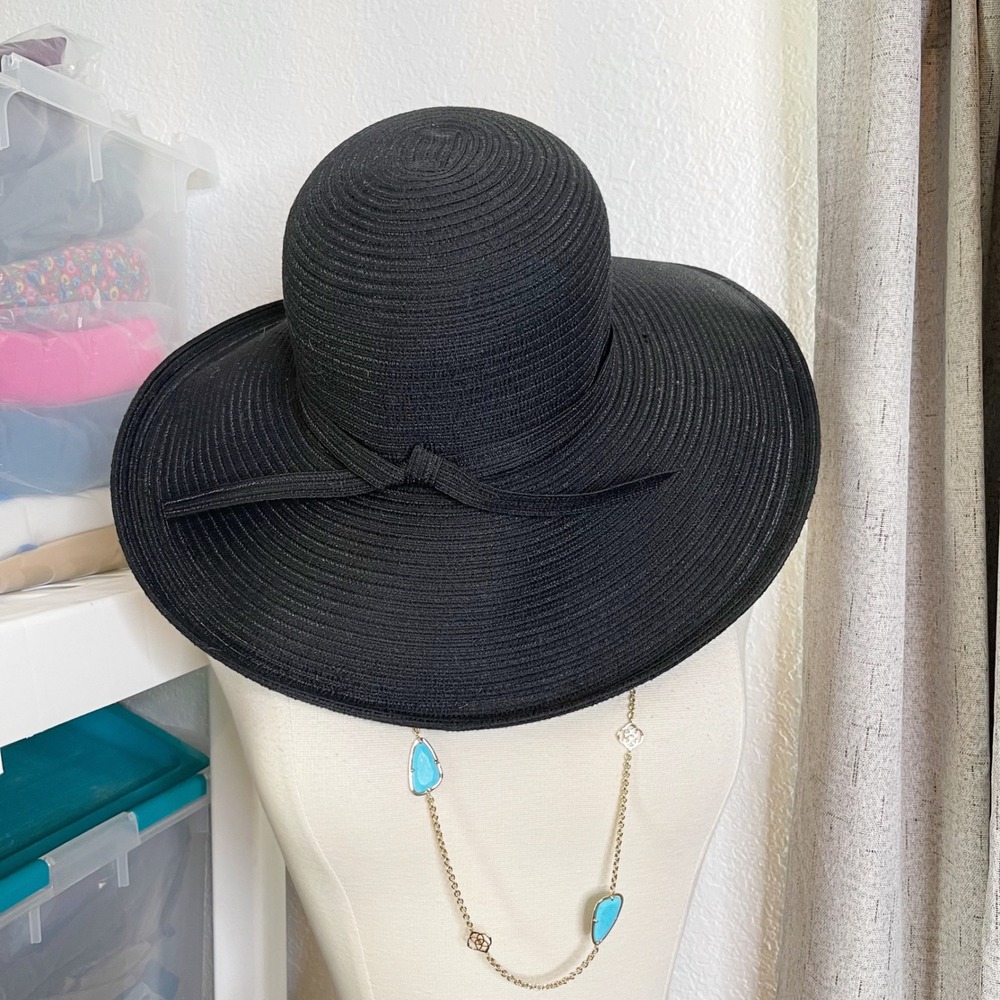 Four Buttons San Diego Hat Co Womens Black Wide Brim Floppy Paper Straw Sun Hat